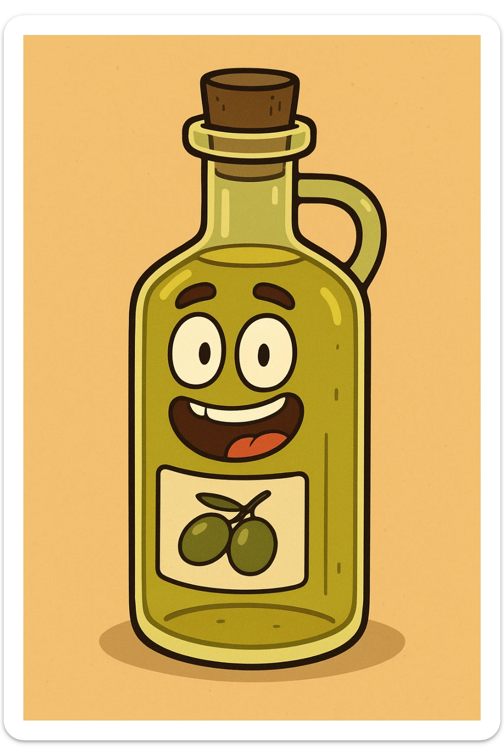 cartoon style olive oil bottle, vibrant colors, simple shapes sticker