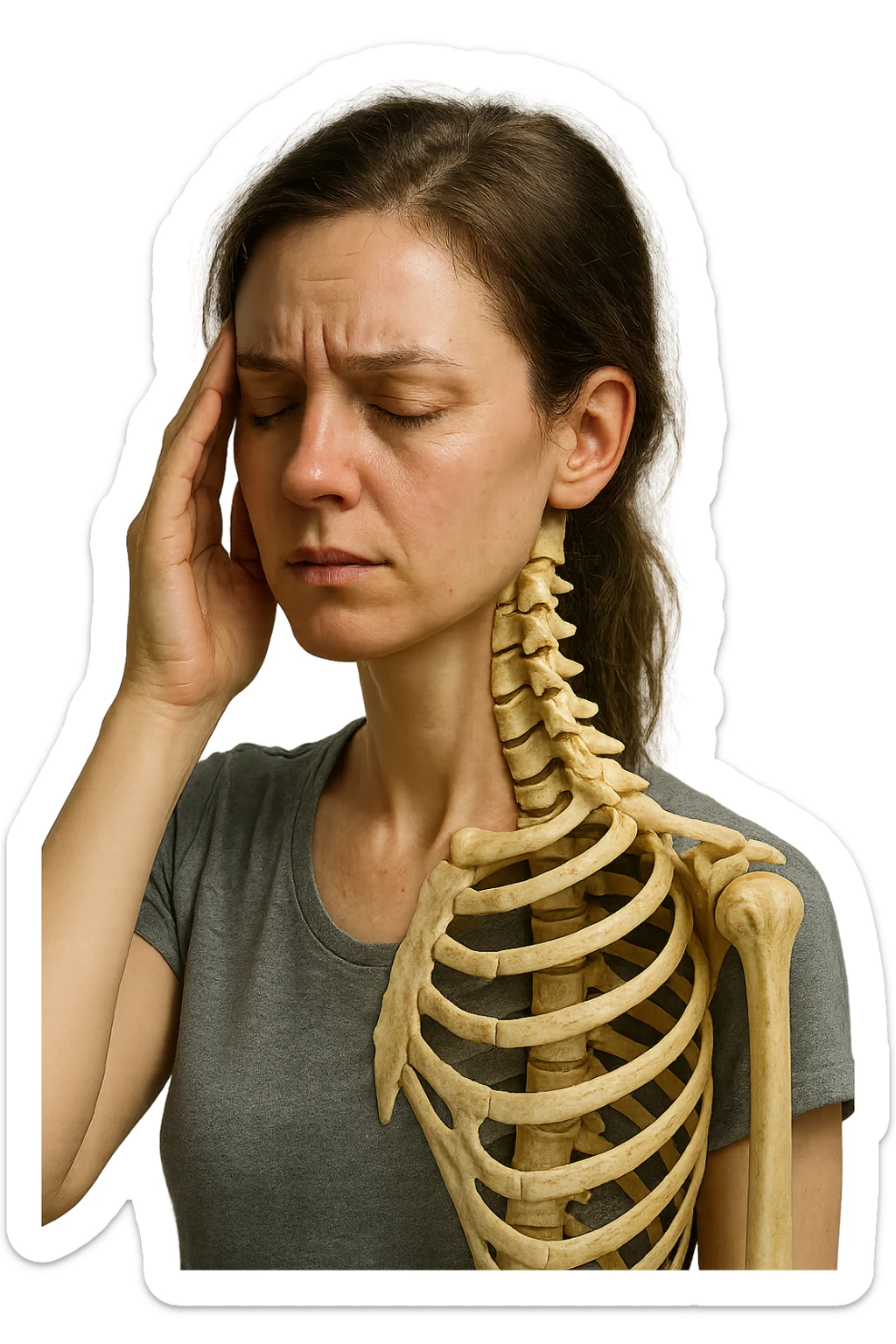 donna stanca che si tiene una mano sulla tempia con spina dorsale anatomica visibile, iperrealistico 4k sticker