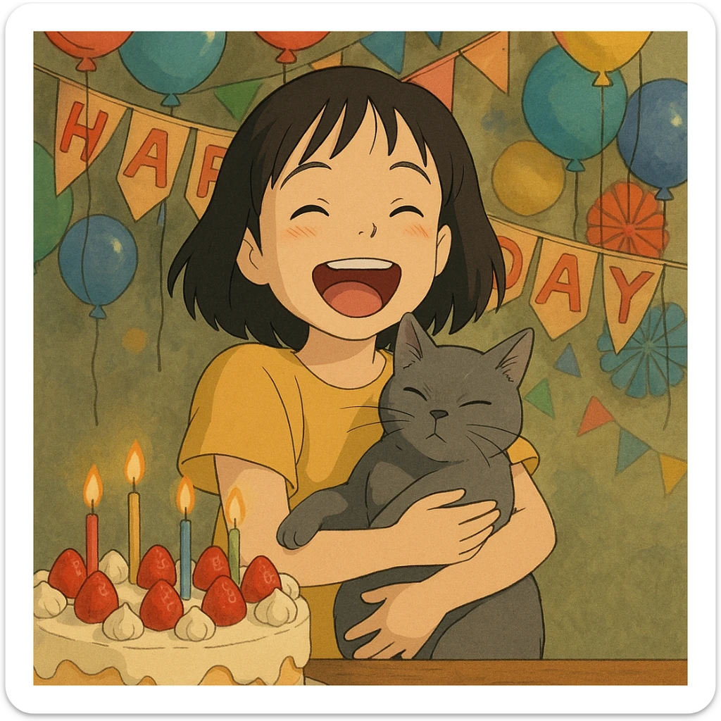asian girl laughing, holding a grey cat, birthday party, ghibli style sticker