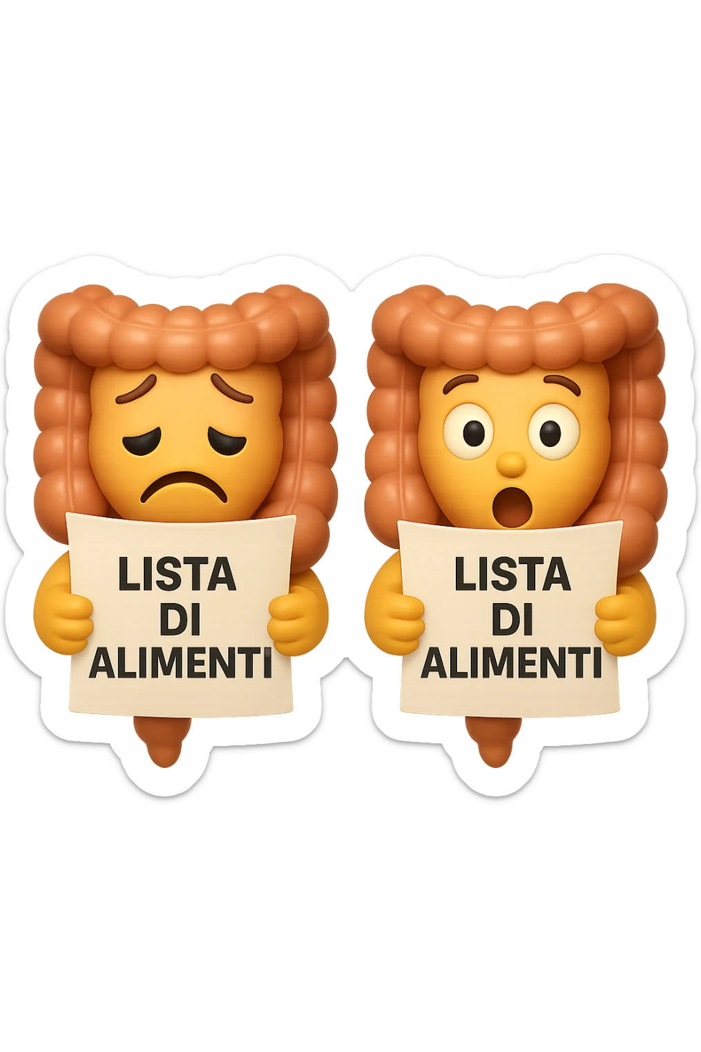 EMOJI STILE IPHONE DI UN INTESTINO CHE LEGGE UN FOGLIO CON LA SCRITTA "lista di alimenti" ed espressione triste in volto, ESPRESSIONE STUPITA IN VOLTO, IPERREALISTICO 4K sticker