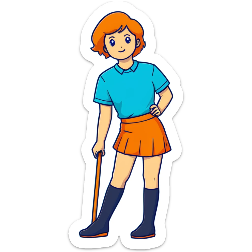 woman wearing teal wrap shirt, blue a-line skirt, light blue knee-high socks sticker