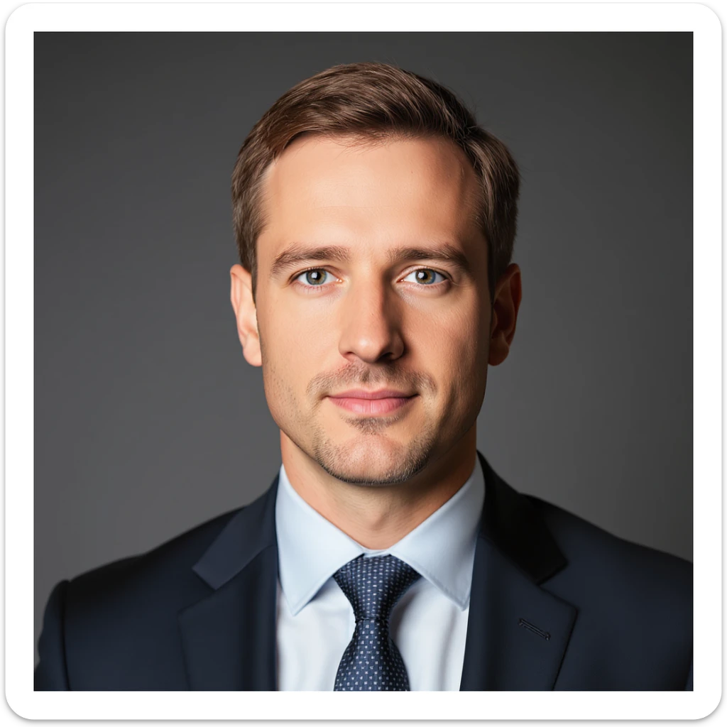 professional looking white pale man with brown hair, wearing business attire, neutral background, realistic style sticker