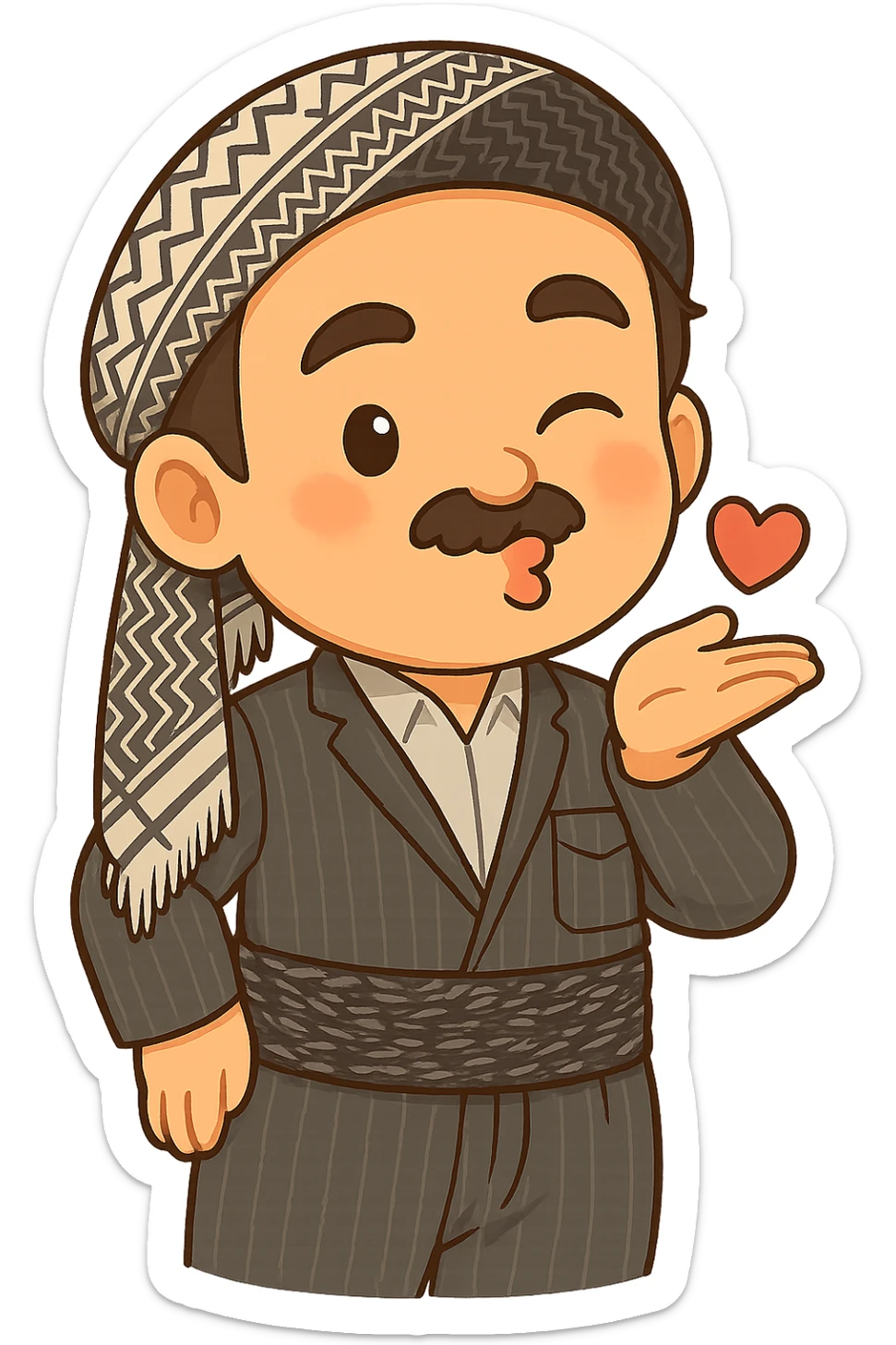 Cartoon sticker of a Kurdish man with the same clothes and scarf as the reference image, no changes to clothes or scarf, face with a kissing and winking expression similar to emoji 😘, colorful and cheerful, no shadows or color halos around the image, no text, suitable for WhatsApp and Instagram, fully transparent background. sticker