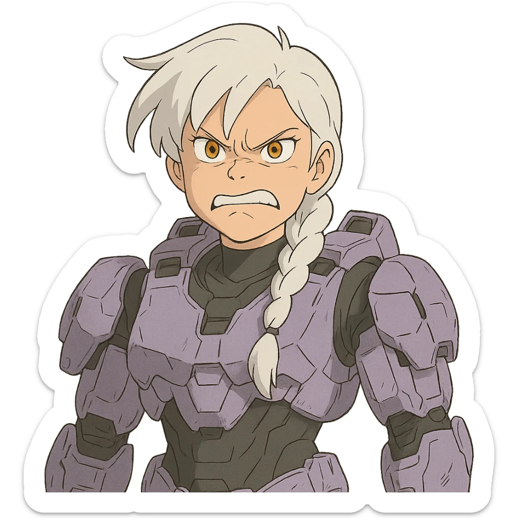 making an angry scowl, frown closed mouth, rage face, rage aura,  female, wearing reach spartan armor shoulder-unequip, long white braid hair with massive messy front side single bangs, gold yellow eyes, attention pose, D-cup size, HALO:series, no helmet, the armor is lavender color scheme, sticker