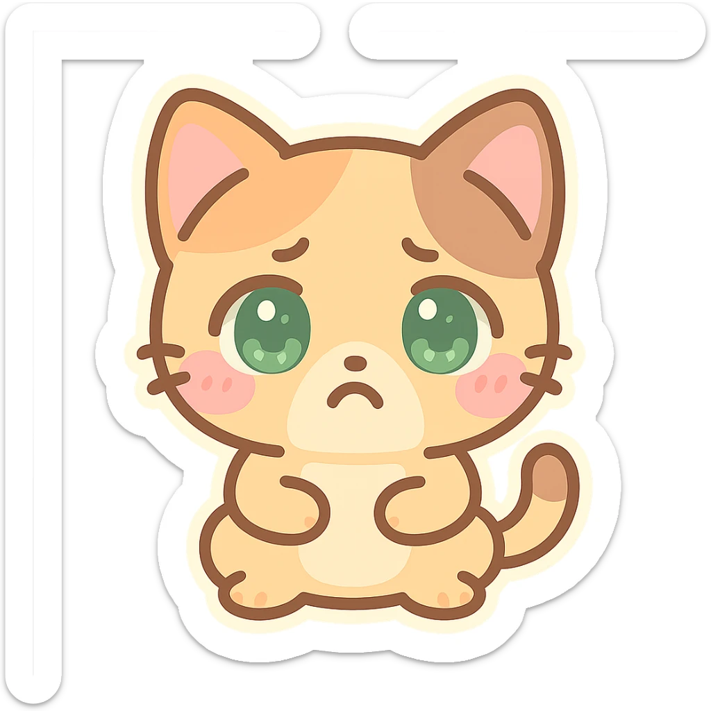 kawaii chibi-style cat emoji with pastel orange and brown cream fur, anime-style pouty expression, sparkly green eyes, blushing cheeks, pastel color palette, soft rounded design, vector art sticker