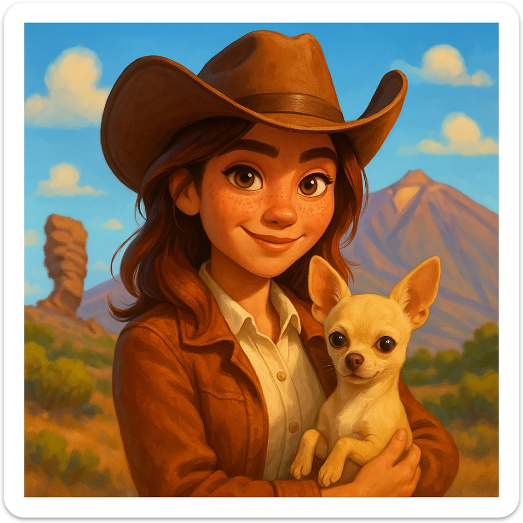 Portrait of a female cowboy with cream shirt and cognac-colored jacket, freckles, tanned skin, hazel eyes, auburn-highlighted hair, holding a beige chihuahua in her arms, with a blurred background of Tenerife, in a bright and expressive Pixar art style illustration sticker