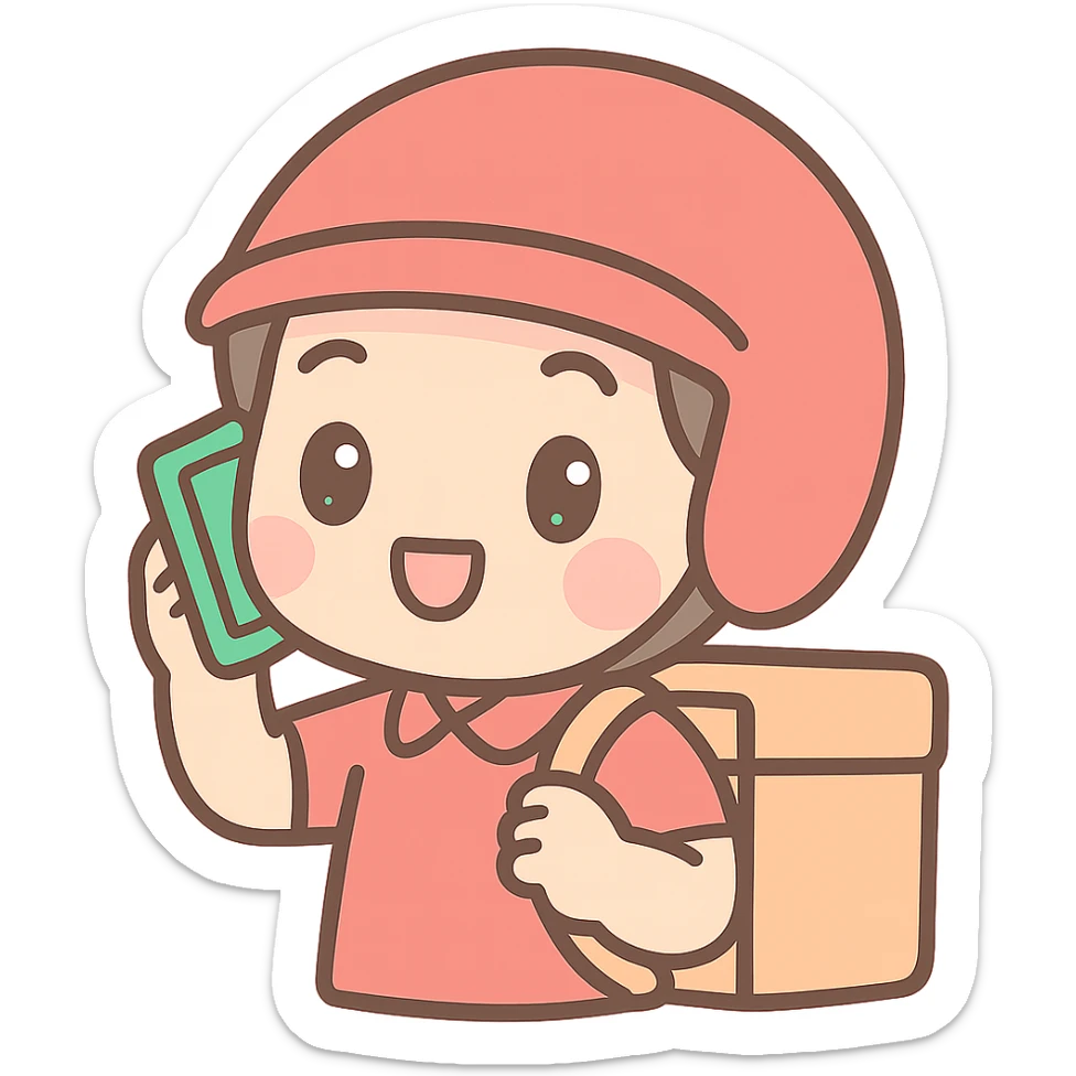 food delivery man in red, wearing red helmet, on the phone, kawaii chibi anime style, flat pastel colors, thick outlines, simple cute features, close-up sticker