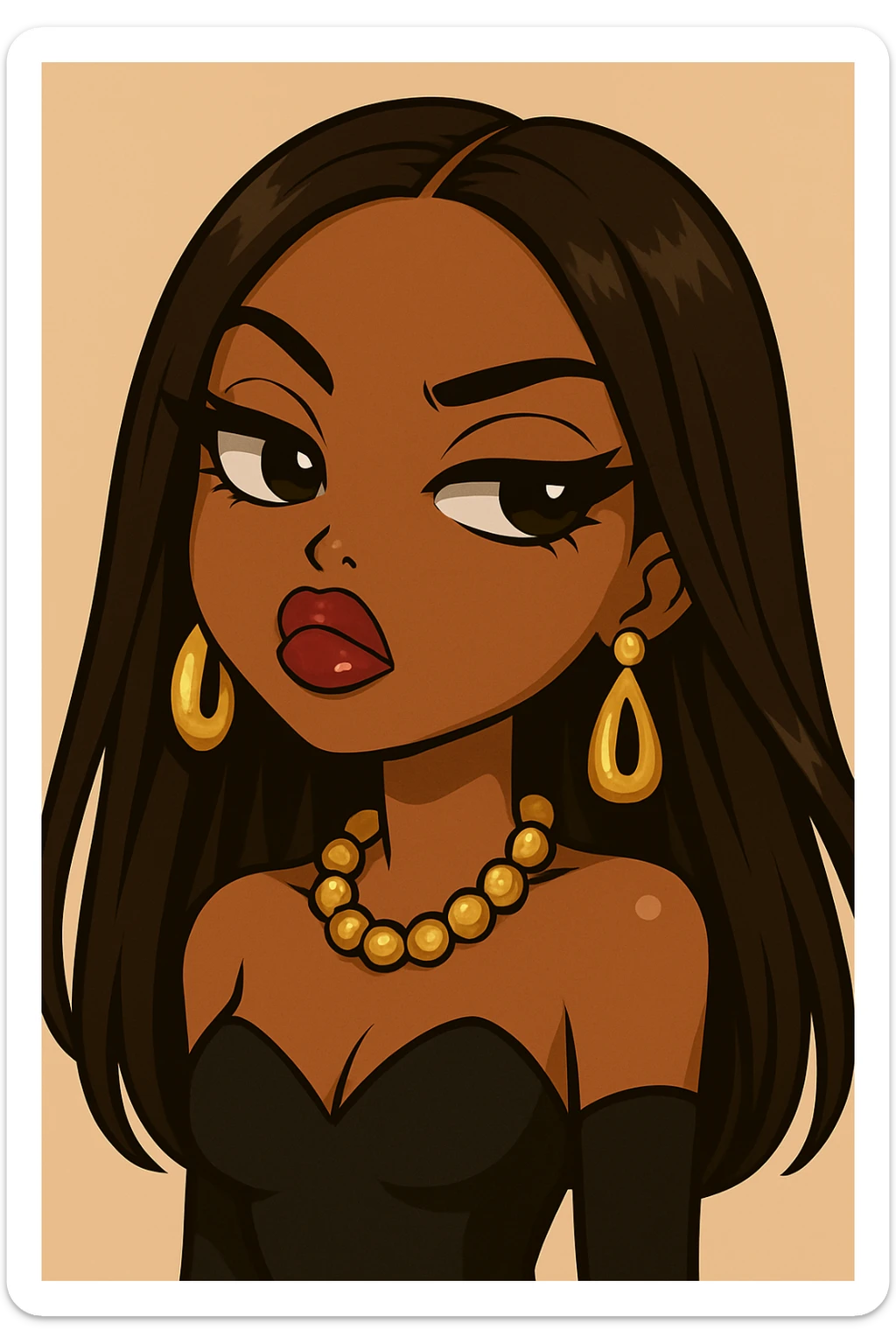 Headshot only of a 20-year-old anime Bratz style woman with dark skin and straight hair, wearing glamorous evening wear. She has big expressive eyes, glossy lips, no hat, no tears, and a confident, aloof expression with a snooty attitude and her nose turned up. sticker