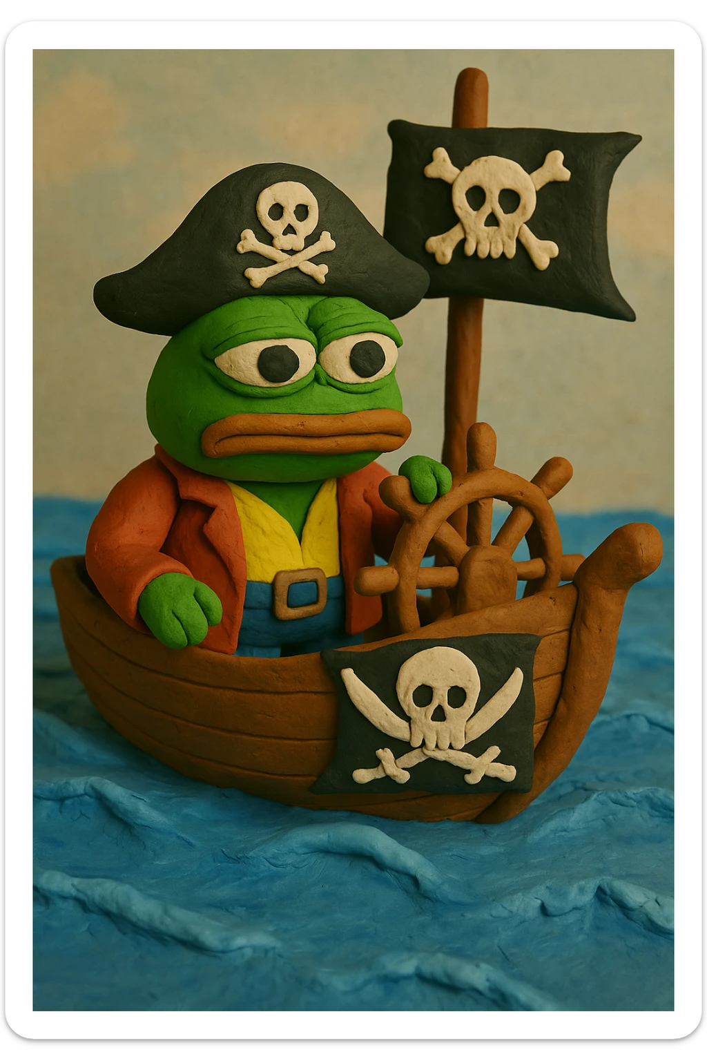 Add the exact skull and crossbones symbol to the pirate flag and the pirate hat in the claymation style image of Pepe the Frog dressed as a pirate sailing on a pirate ship in the ocean. sticker