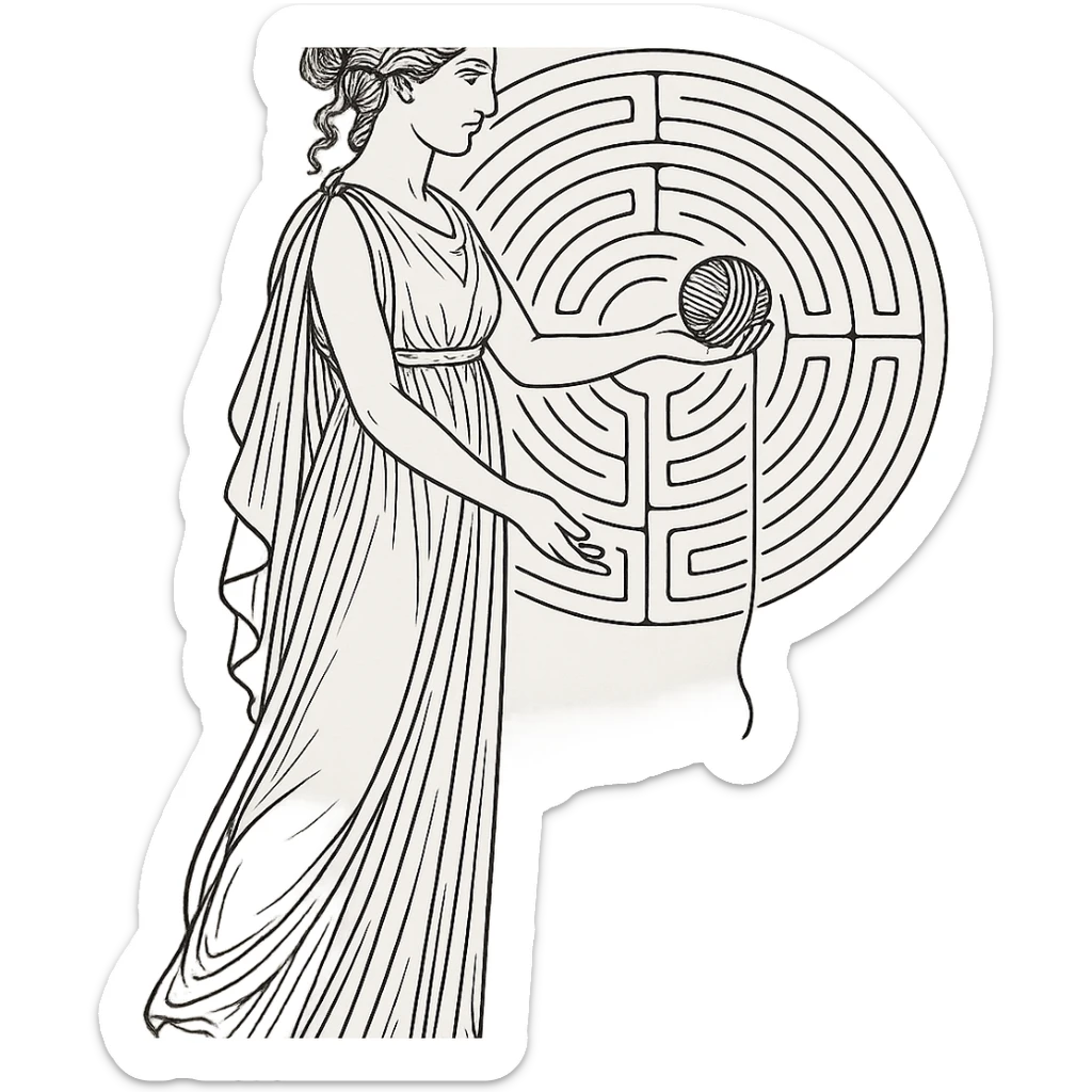 Ariadne from Greek mythology, offering a ball of thread, wearing a flowing dress, with a labyrinth in the background sticker
