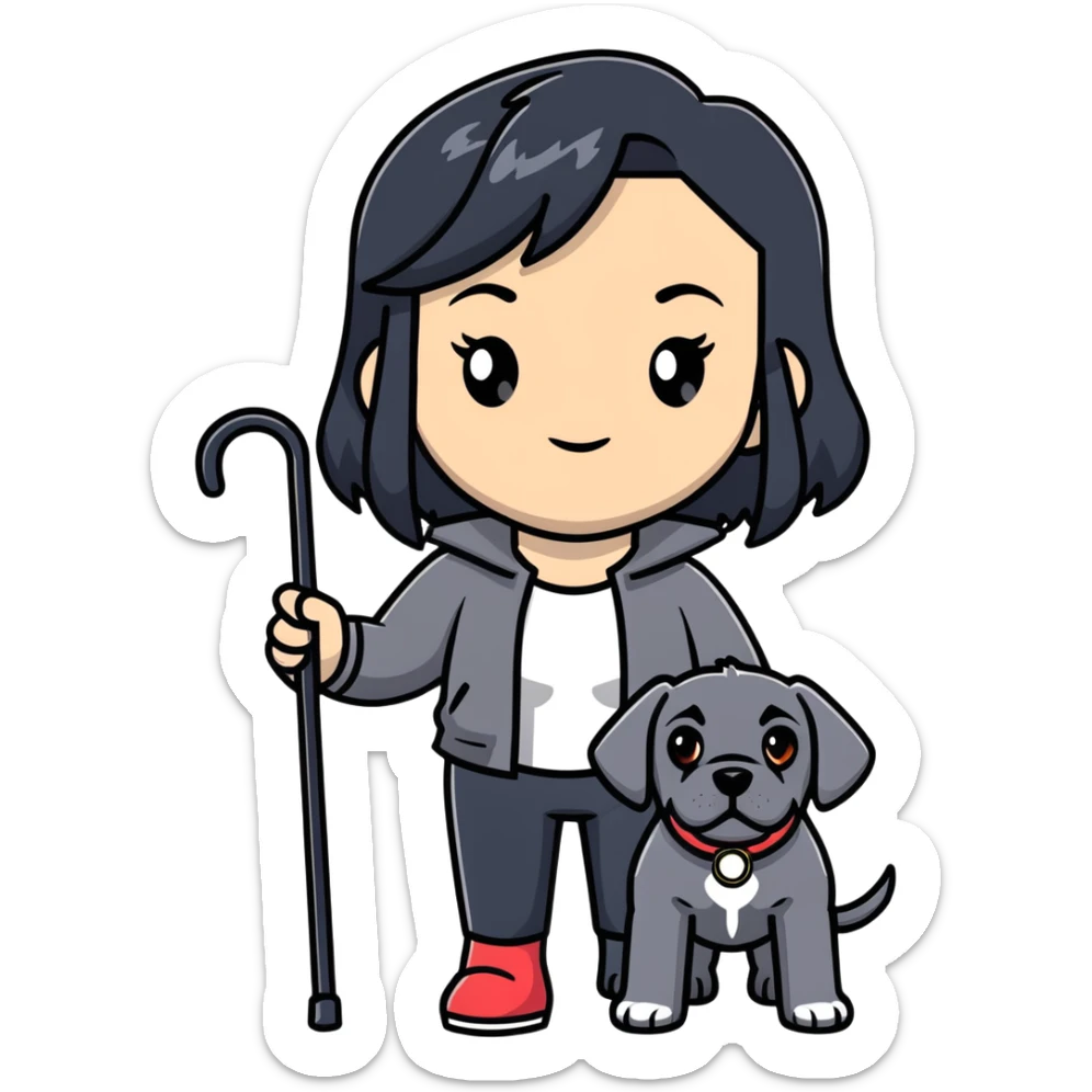 Woman with long black hair holding a black Cane Corso dog with cropped ears sticker