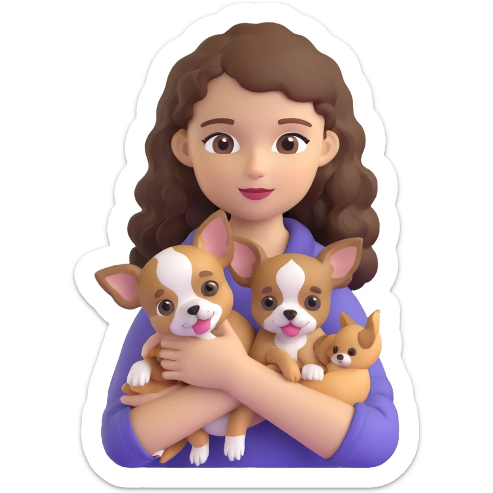 white girl with curly brown hair holding a chihuahua puppy sticker