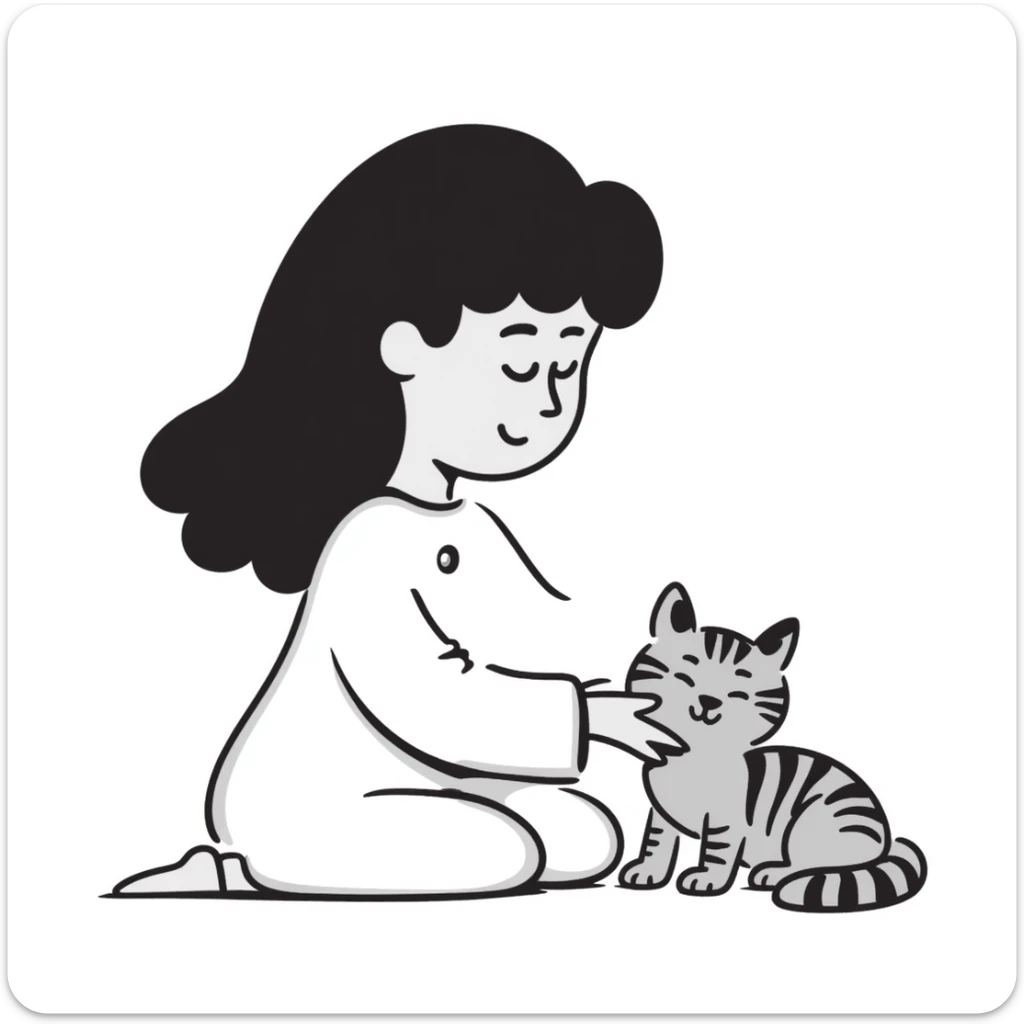 Beautiful girl with long black hair sitting with a gray and blonde mixed cat sticker