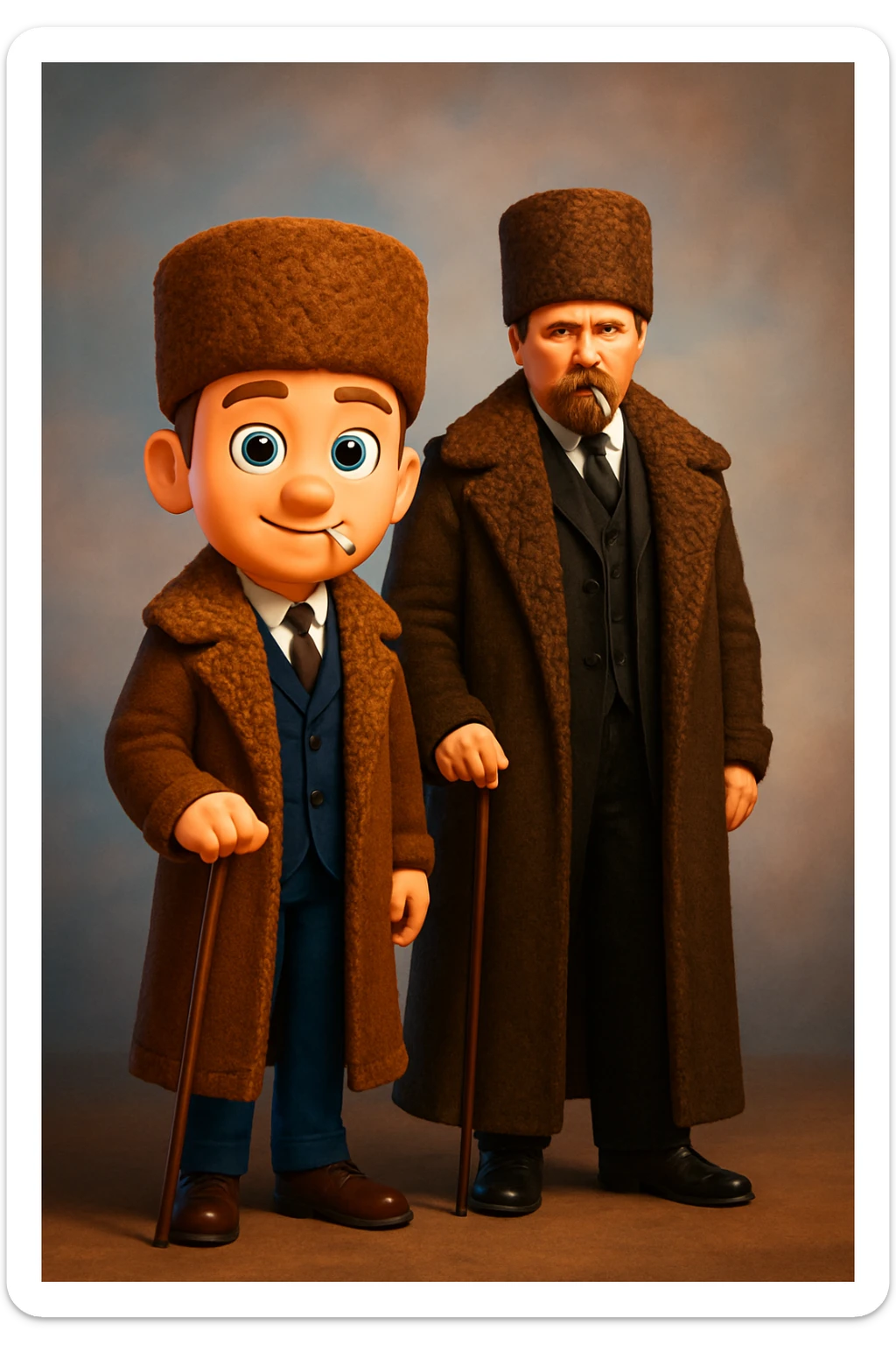 Create a 3D cartoon clone in Apple Memoji style standing next to the person in the photo. The clone should have an enlarged head, bright eyes, and a friendly, positive Gen Z facial expression. The clone's clothing, pose, and facial expression should perfectly match the original person. Use bright, vibrant colors, soft shadows, and lighting/background as close as possible to the real photo. Ensure high quality, clear details, and visual harmony between the real person and the cartoon clone. sticker