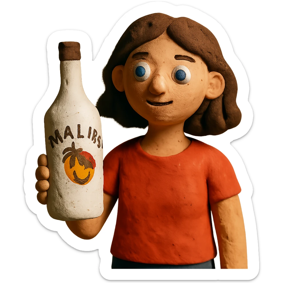 matte plasticine claymation style young woman holding a bottle of Malibu sticker