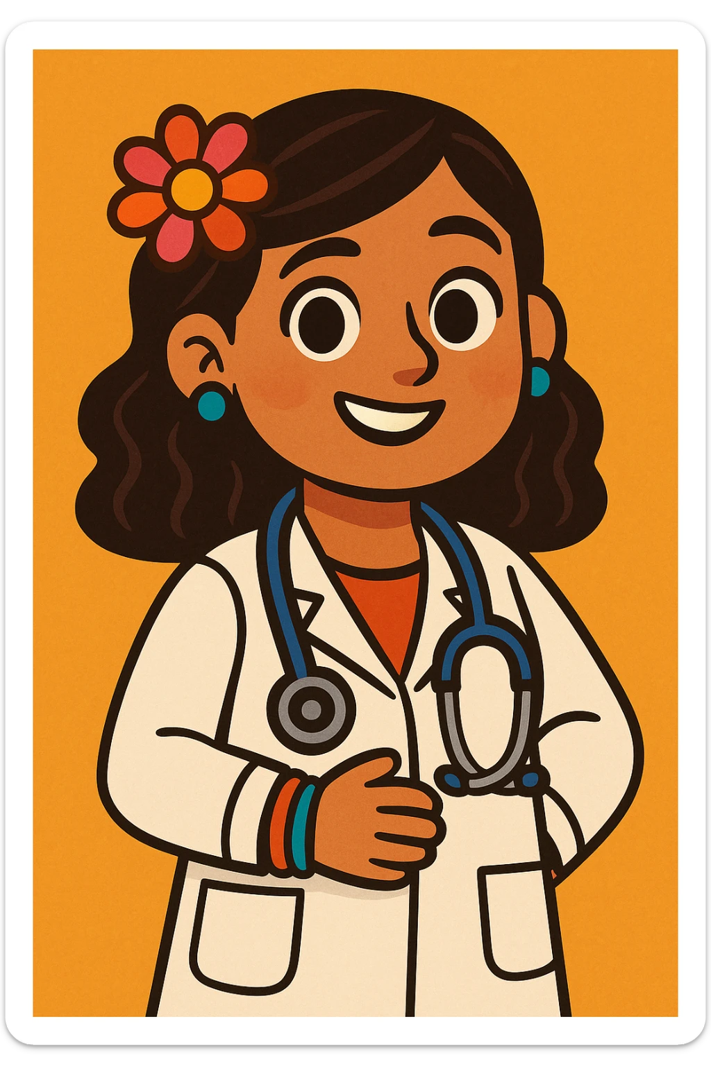 cute Mexican doctor girl, smiling, wearing white coat, stethoscope, colorful accessories, warm friendly expression, cartoon style sticker