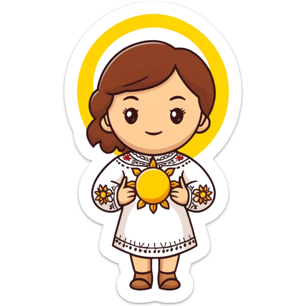 Young Ukrainian girl with brown hair wearing a white traditional embroidered shirt holding the sun in her hand sticker