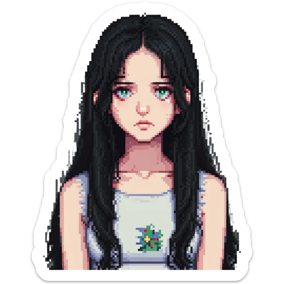 pale girl with long black hair, sad expression sticker