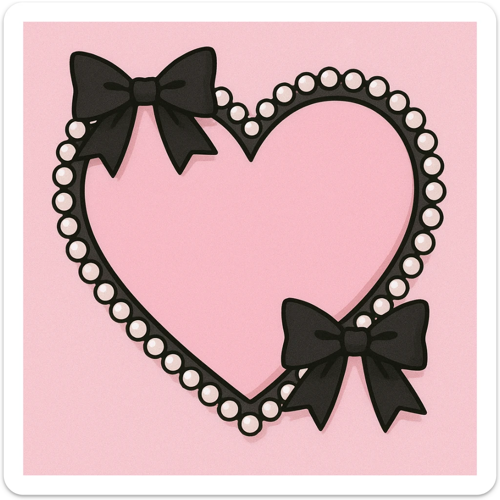 pastel goth heart with black bows and pearls, soft pink and black, cute gothic style sticker