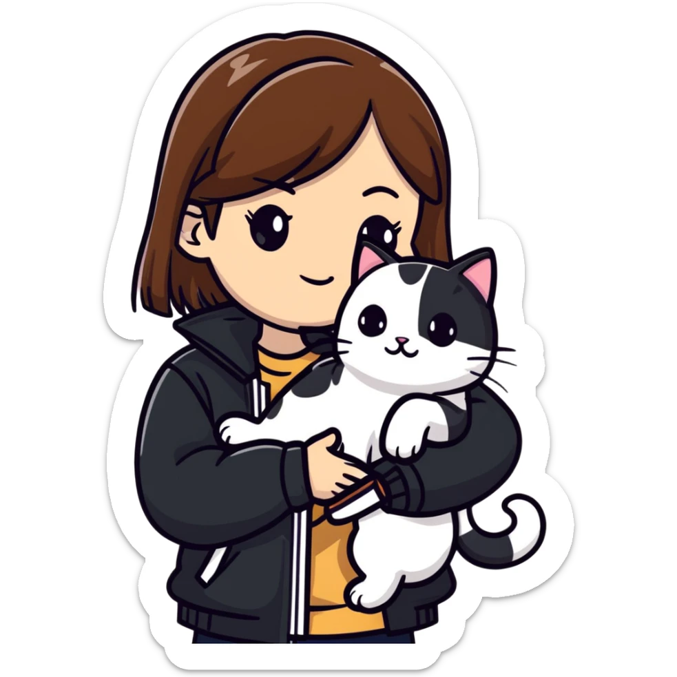 Light-skinned girl with brown straight hair wearing a black jacket, along with one pure white cat and one calico cat sticker