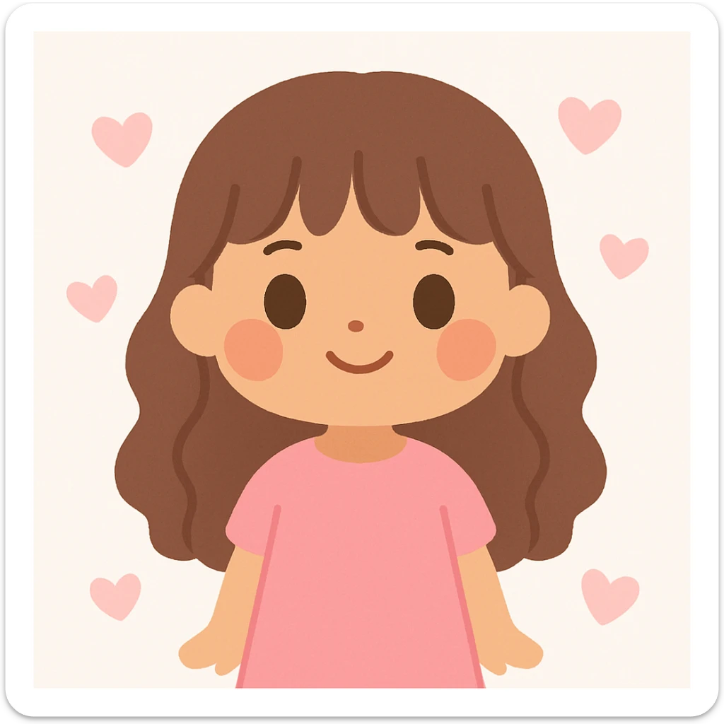 cute girl with medium skin, rosy cheeks, big hazel eyes, long wavy brown hair and bangs, straight nose, red lips, feminine features, in a pink dress sticker