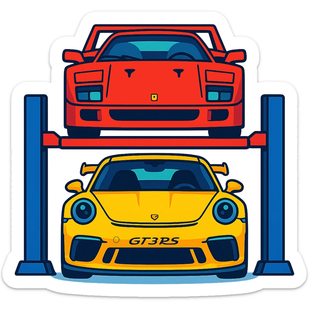 front view of a Ferrari F40 on a car lift above a yellow Porsche GT3 RS, cartoon, vibrant colors, transparent background sticker