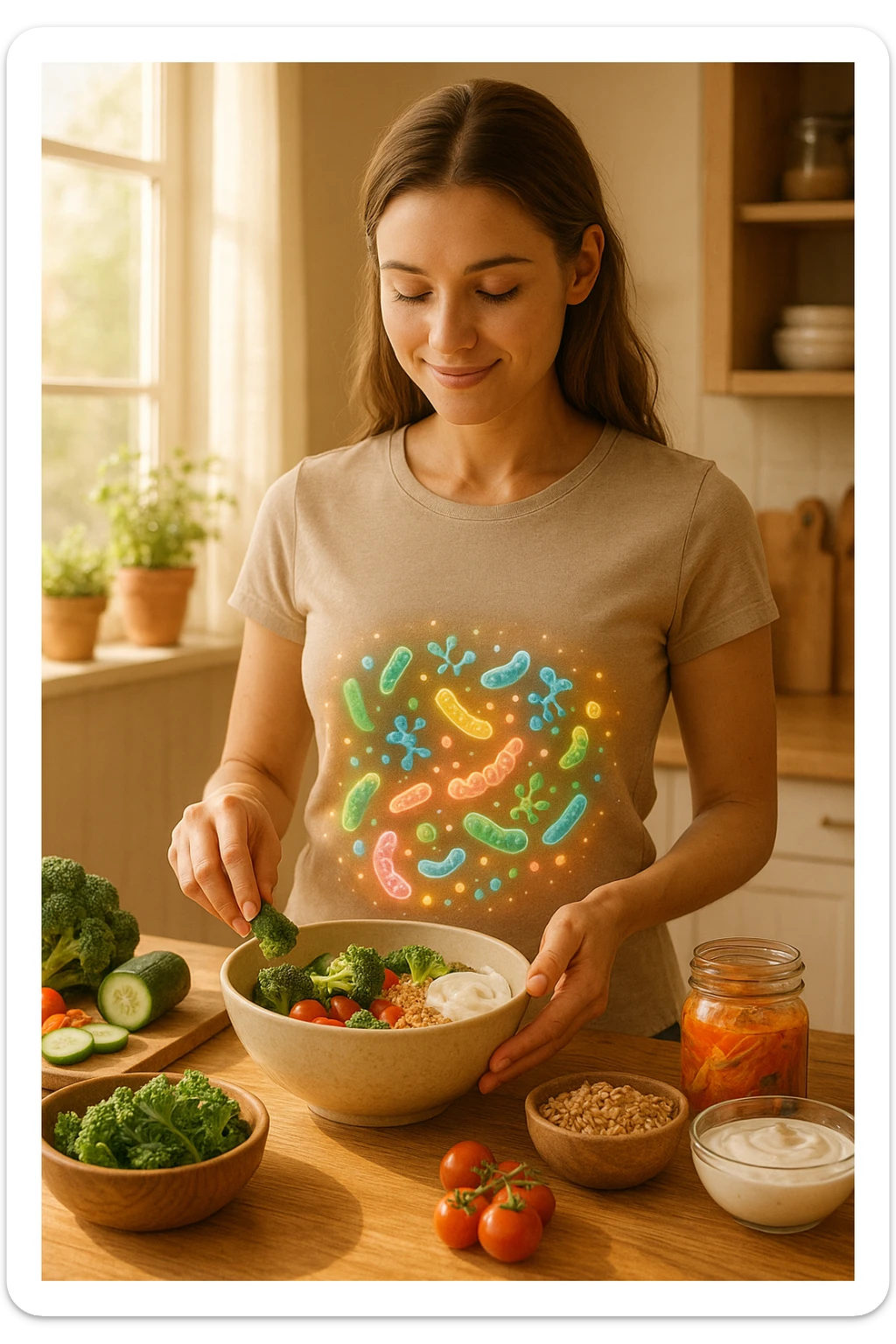 A realistic, warm-toned image of a young woman in a bright, cozy kitchen preparing a healthy meal rich in fiber and probiotics. She smiles softly, focused and calm, as she adds fresh vegetables, fermented foods like yogurt or kimchi, and whole grains to a bowl. Around her abdomen, a subtle, glowing overlay of balanced gut flora—colorful, friendly bacteria and microbes—swirls gently, symbolizing intestinal health and harmony. The setting is natural and inviting, with sunlight streaming through the window, potted herbs on the counter, and clean wooden surfaces. The overall mood conveys wellness, self-care, and the positive journey toward gut balance sticker