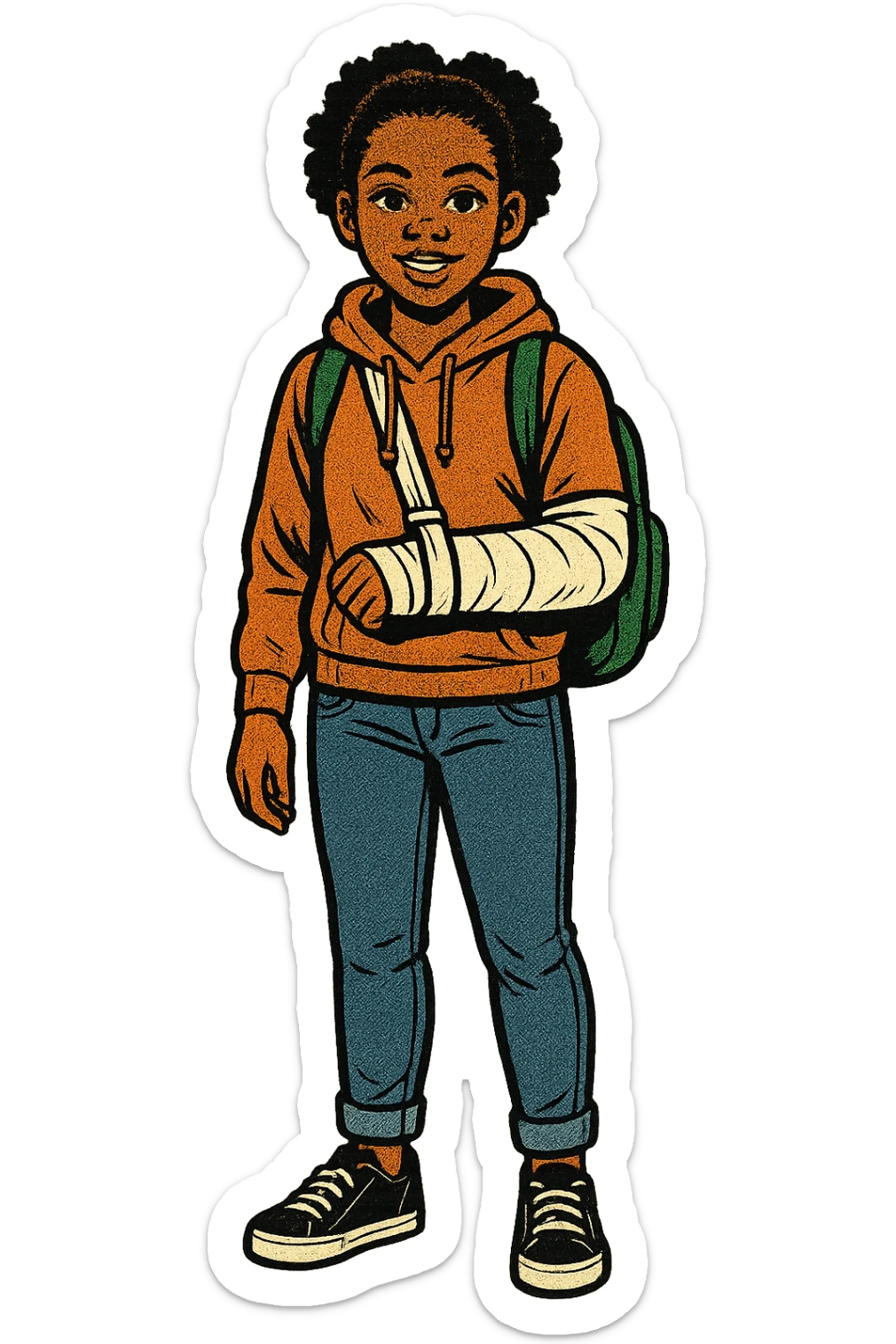 the full body of a young black teenage girl.  She is standing facing forward so we can see her face on. She is wearing a backpack, jeans and a hooded jumper.  One of her arms is in a bandage from a broken elbow. sticker