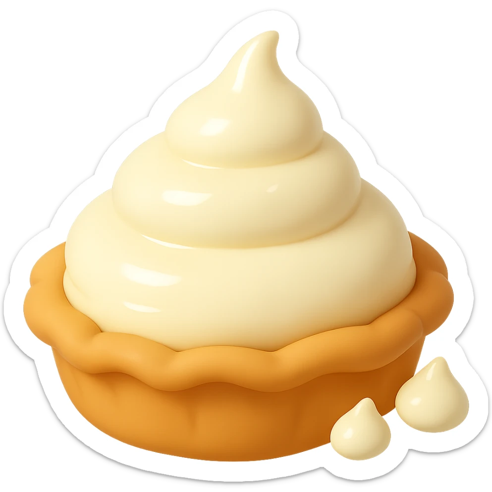Frame 3 of 15: Cream pie with two small cream droplets, playful 3D emoji style, golden brown crust, same angle as reference sticker