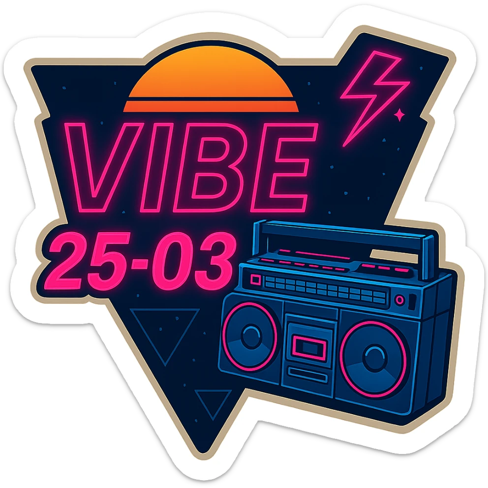 Edit the logo to add an 'E' at the end of 'VIB' so it reads 'VIBE'. Maintain the neon 80's synthwave style and the boombox focus exactly as in the original. The background should be transparent with no background color. sticker