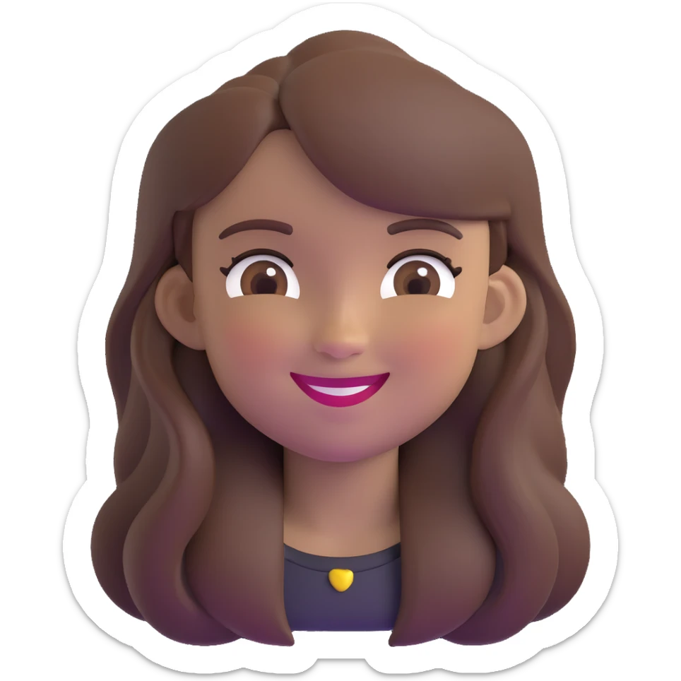 a girl with long brown hair and brown eyes smiling, memoji style, winking sticker