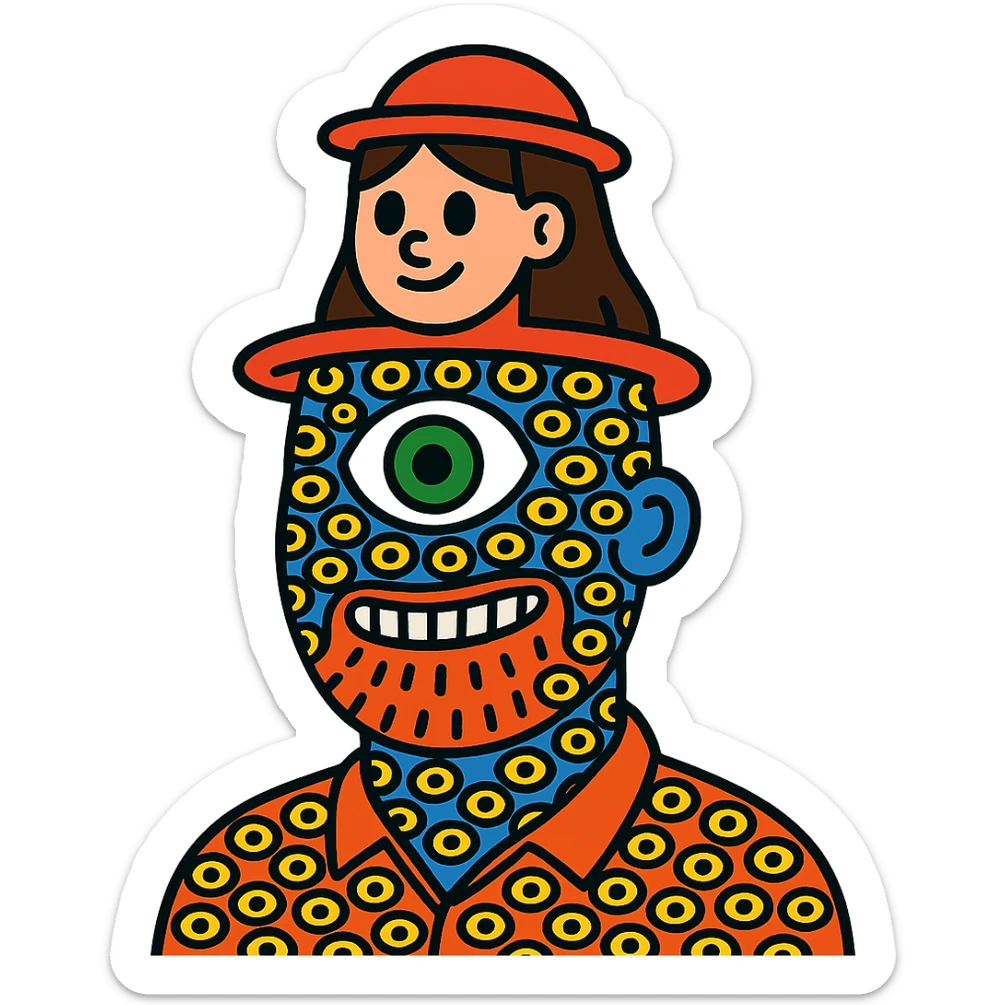 guy with 300 eyes, one big green eye in the middle of his head, hat made out of a girl on his head sticker