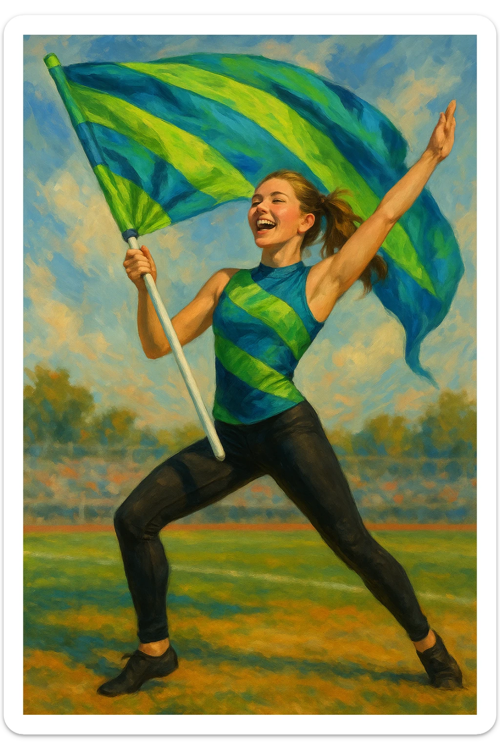colorguard girl holding a green and blue flag, wearing black leggings and a green and blue top, energetic pose, clear details sticker