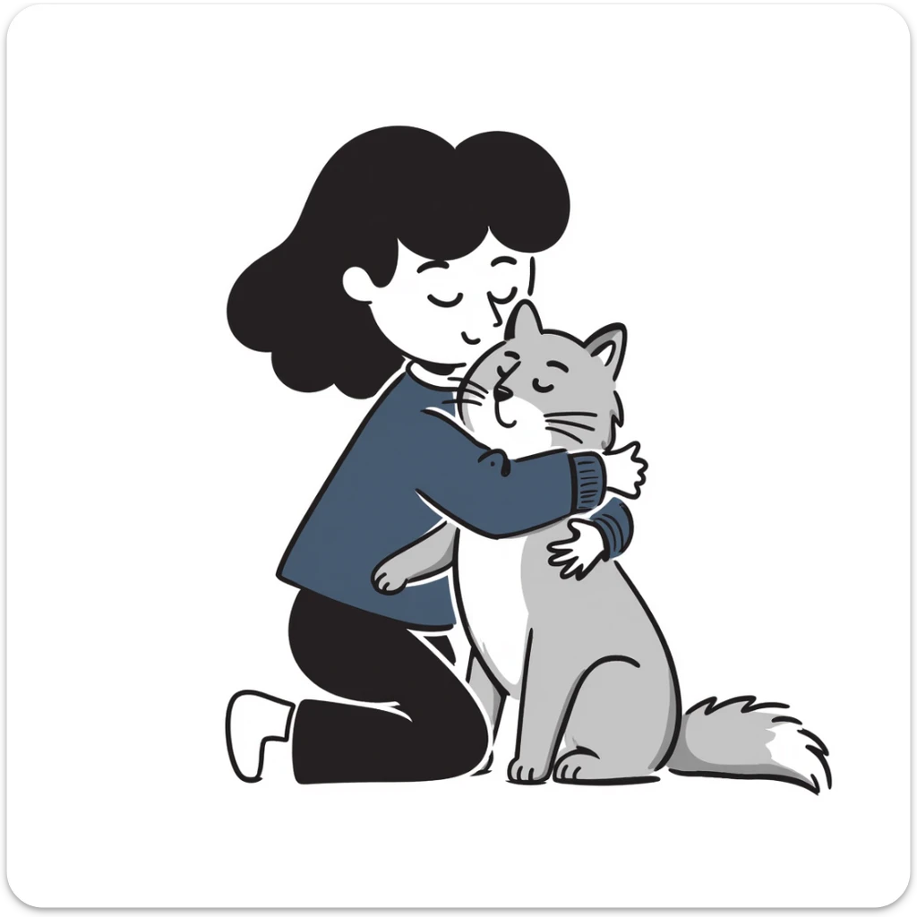 Brunette girl with dark blue sweatshirt snuggling a fluffy grey Siberian cat, warm embrace sticker
