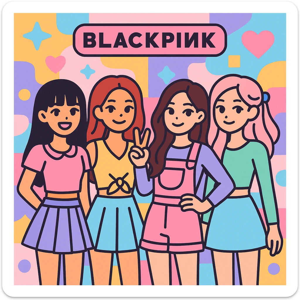 Blackpink K-pop group, cute and stylish, pastel accents, playful vibe, charming and colorful sticker