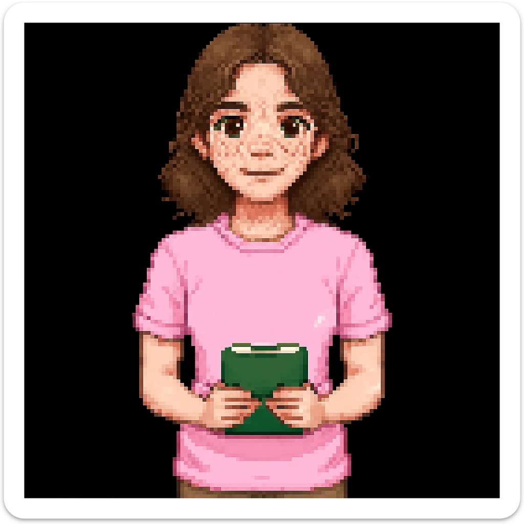 Add brown eyes and freckles on the cheeks to the pixel art teacher with brown hair, white skin, and pink t-shirt. Keep the original pixel art style. sticker