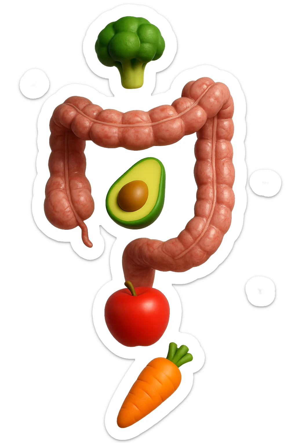 emoji stile iphone in 3d di cibo sano che fluttua in aria vericalmente insieme ùa pezzi di colon umano anatomico, iperrealistico 4k sticker