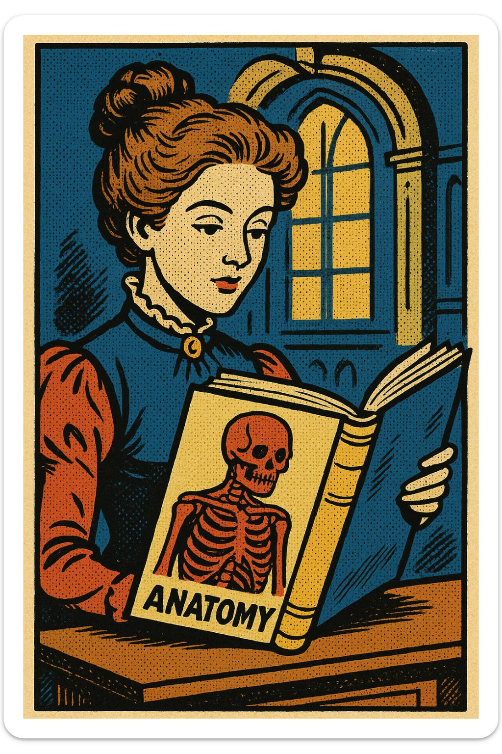 A young wealthy victorian women reading a  book about human anatomy in a university sticker