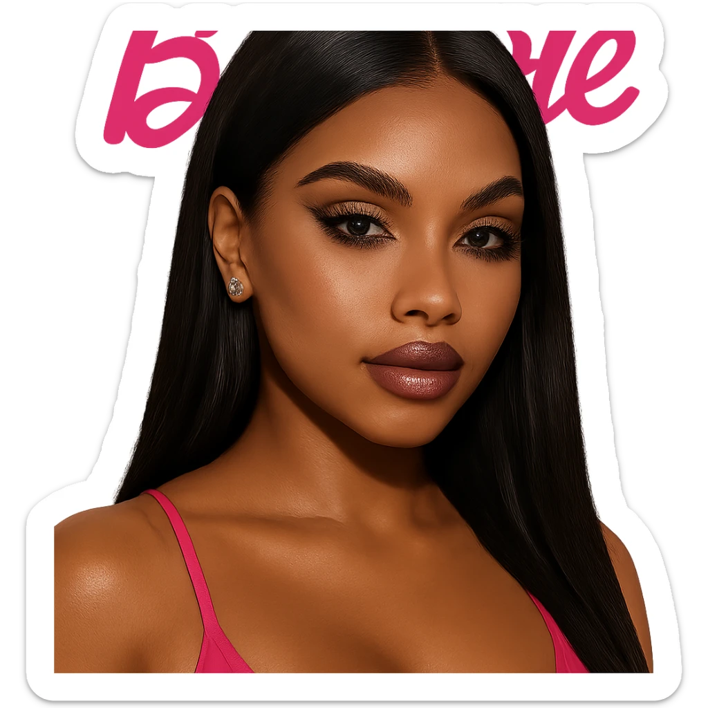 pretty Barbie baddie with black straight hair, brown skin, pretty makeup, dark brown eyes, gold stud earrings sticker