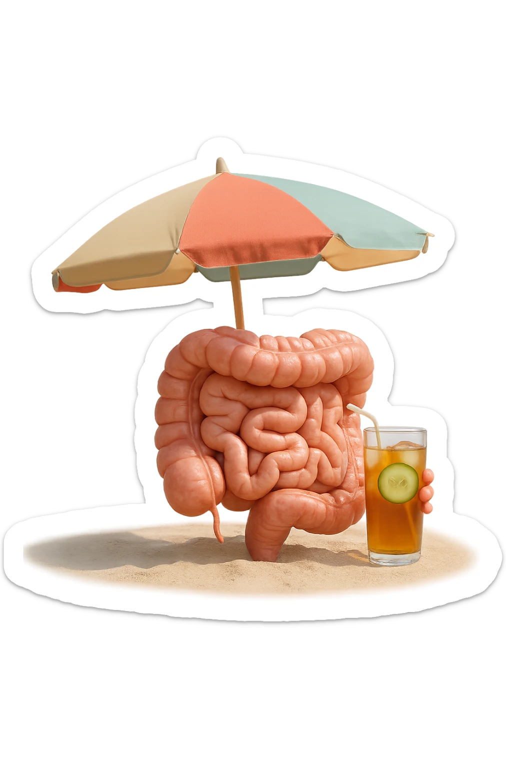 INTESTINO SEDUTO IN SPIAGGIA SOTTO L'OMBRELLONE MENTRE BEVE THè FREDDO CON CETRIOLO
IPERREALISTICO 4K sticker