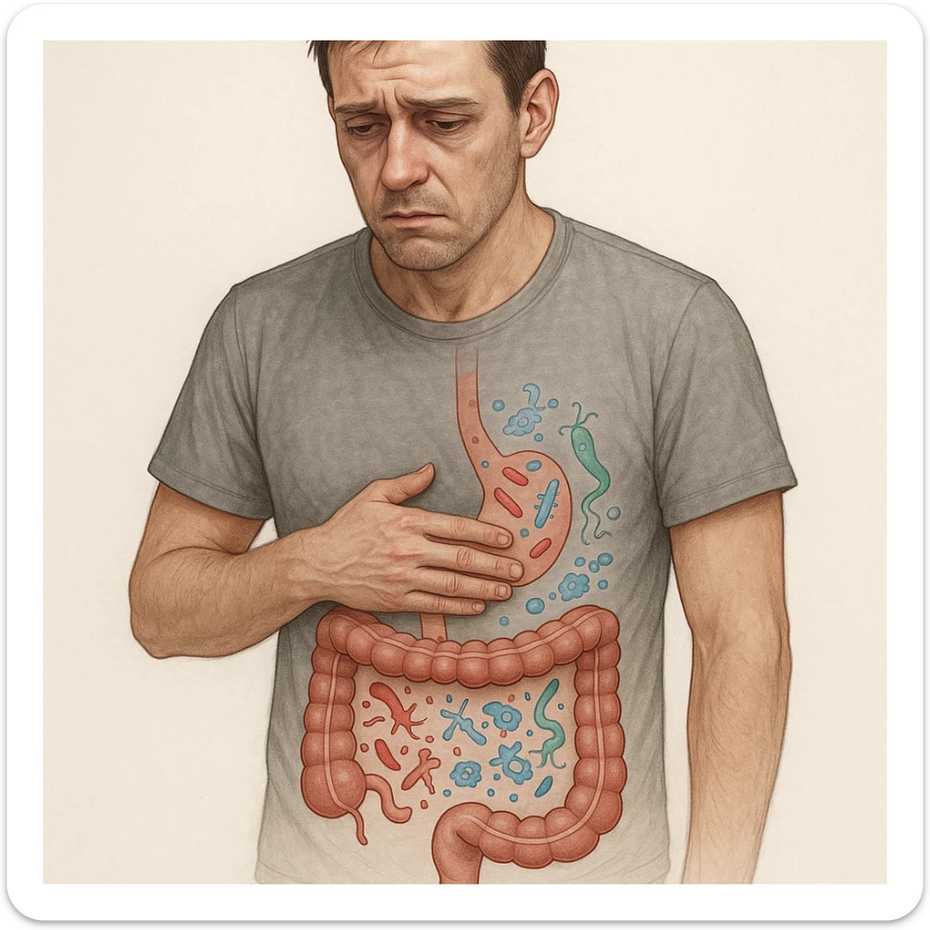 Realistic and medical style illustration of a 35-year-old man with hand on his stomach, tense and tired face, sunken eyes, dull skin. Transparent drawings on the abdomen of stylized parasites and bacteria in imbalance, schematic intestine as in a medical illustration. sticker