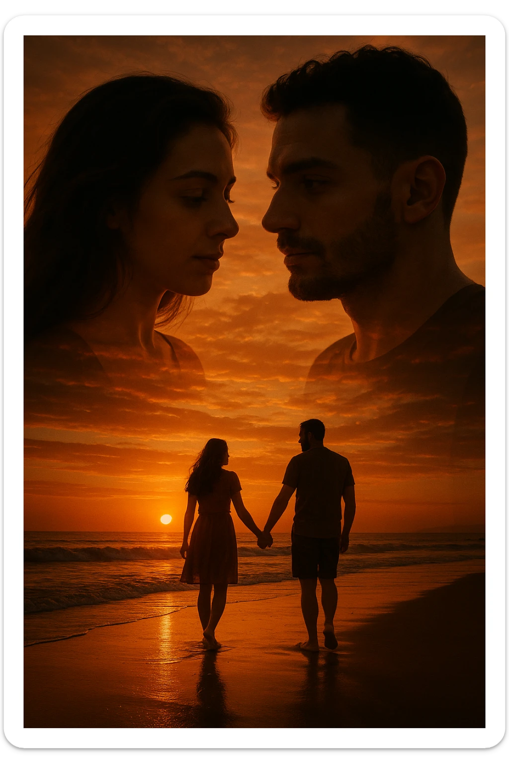 Una doppia esposizione cinematografica di noi di profilo, con un paesaggio di spiaggia al tramonto integrato nella silhouette.
La scena interna ci mostra entrambi camminare sulla sabbia bagnata, tenendoci per mano, con le onde del mare che si infrangono è facile e un cielo colorato dagli ultimi raggi di sole. Atmosfera calda e intima, toni dorati arancioni, dettagli fini ed espressivi, risoluzione 8K. sticker