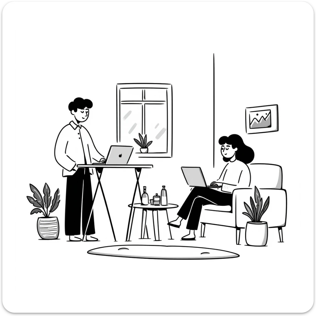 escenary 3d of a cozy mid-century living room with two people working on laptops, one man standing at a desk, and one woman sitting on a couch sticker