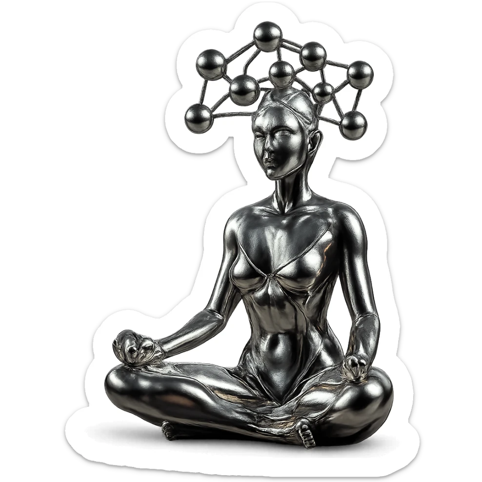 metallic chrome figure of a woman meditating, serene, with several chrome balls forming a net above her head sticker