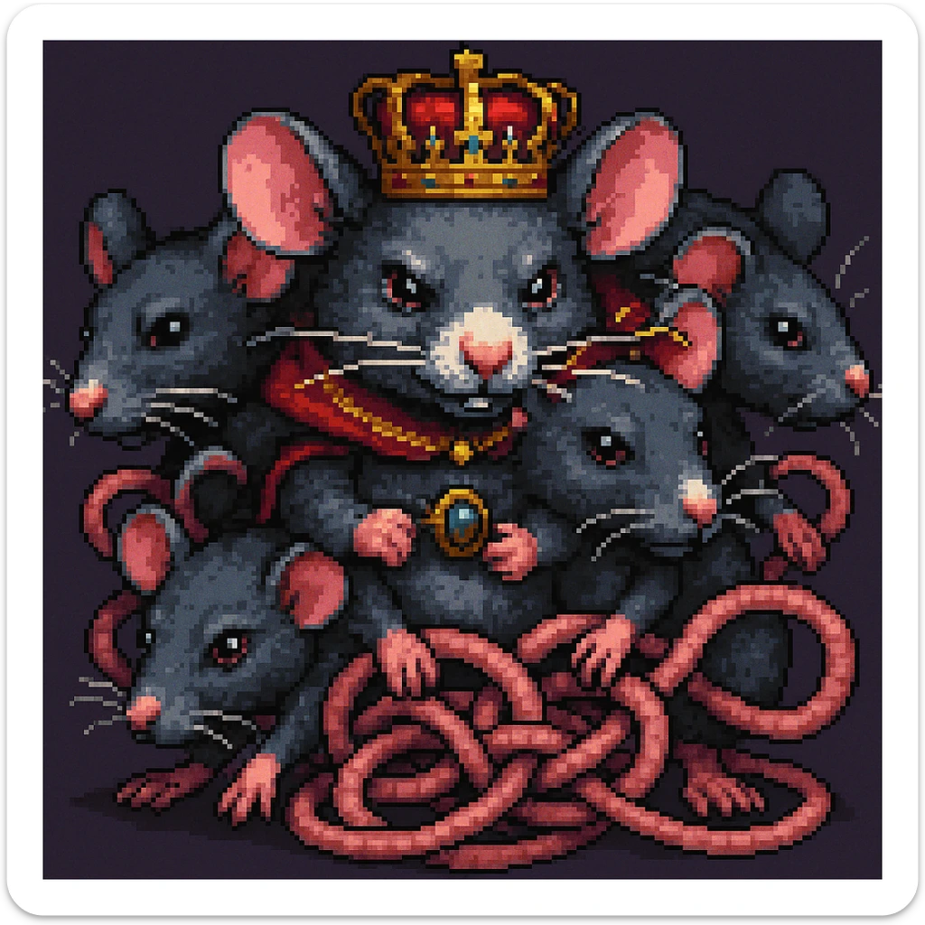 Enhance the image to show more tangled tails among the rats in a pixel art style. Emphasize the pixel art aesthetic with clear, blocky pixels and vibrant colors typical of pixel art. Increase the complexity and visibility of the tails to appear more intertwined and tangled, while maintaining the pixel art style. sticker