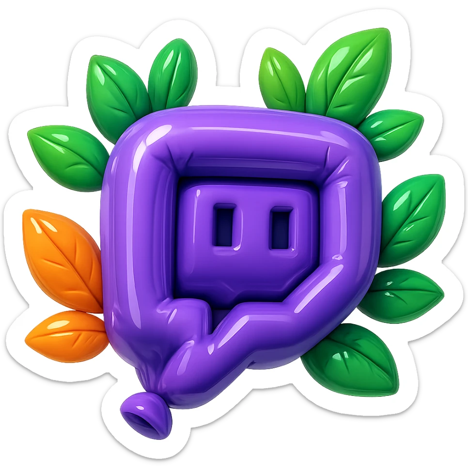 Ultra soft, balloon-like Twitch logo, extremely rounded and puffy, cartoon style, thick outline, dramatic shadows, shiny highlights, surrounded by vivid leaves, no background. Focus on extra contours, shadows, and glossy effects, matching the reference style. sticker
