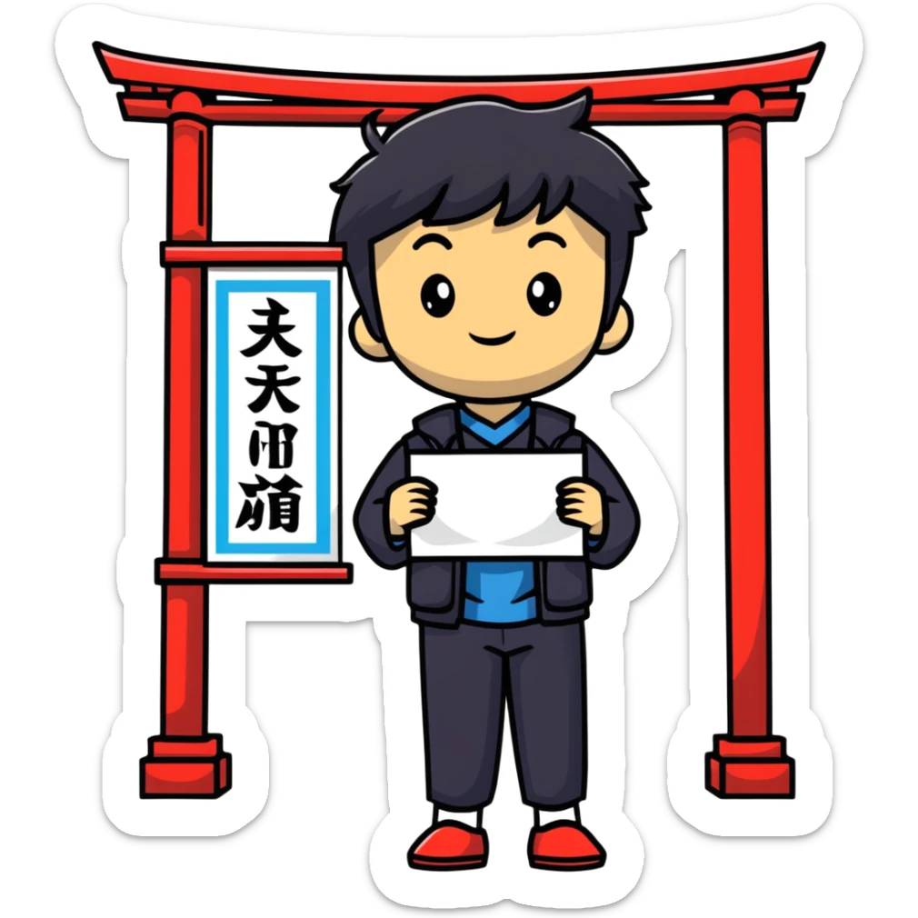 Japanese high school boy welcoming visitors with poster at cultural festival entrance sticker