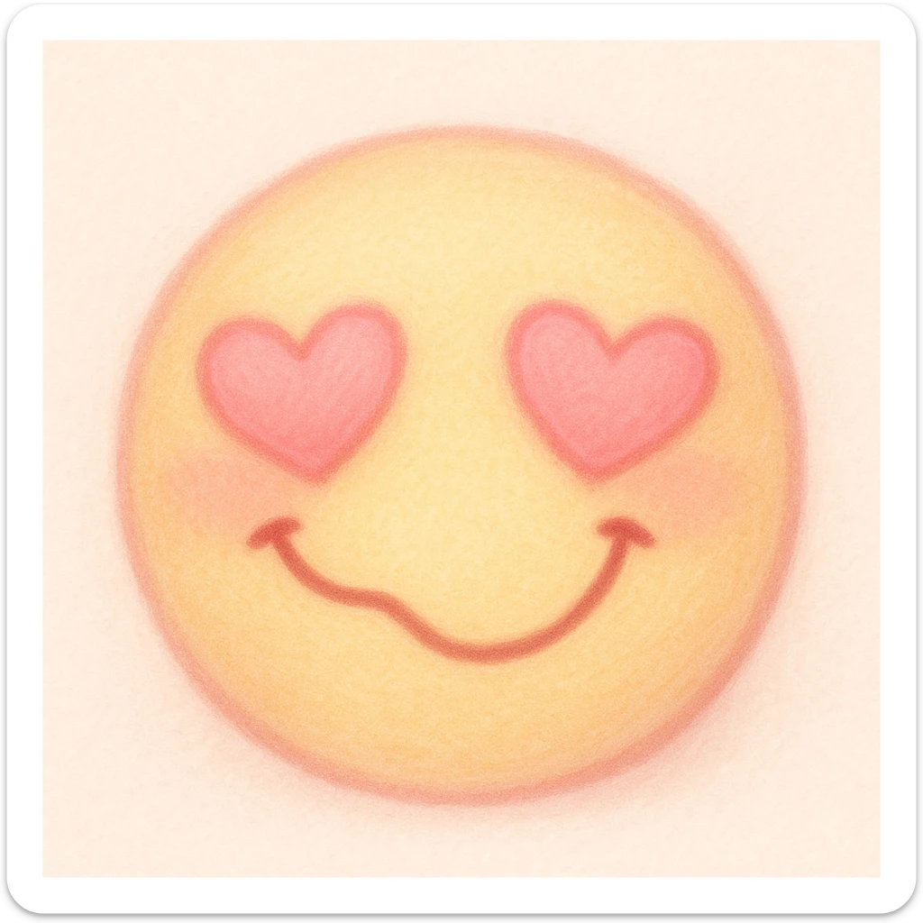 cute emoji, heart eyes, playful grin, pastel pink and yellow sticker