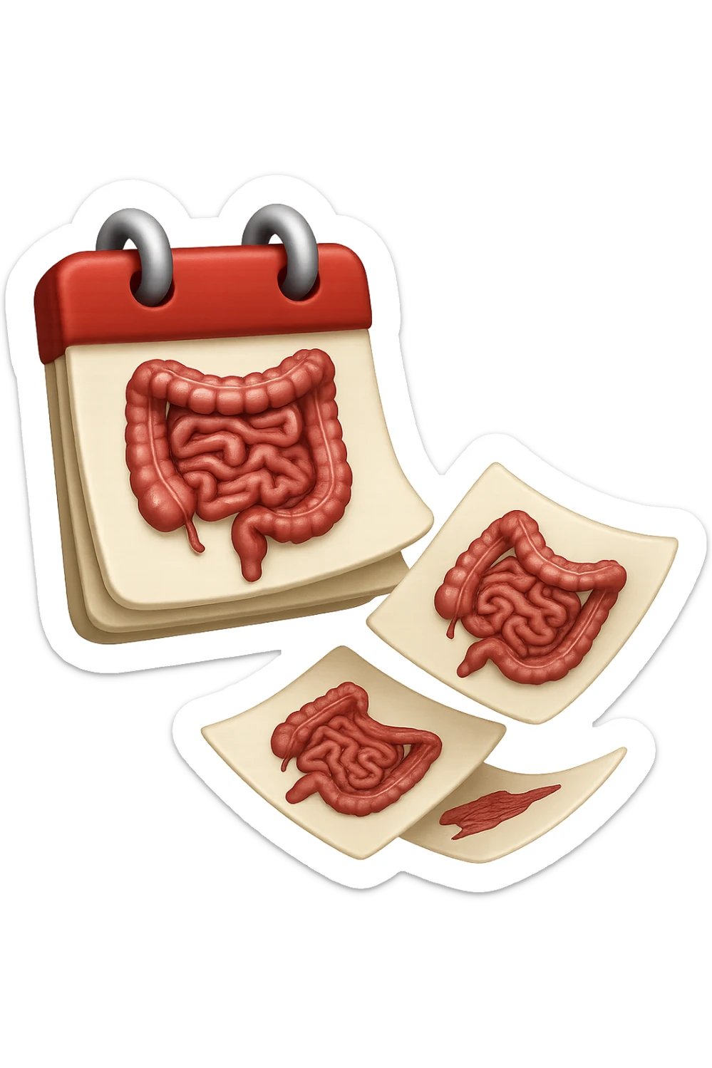 emoji stile iphone di un calendario con fogli che volano insieme, sui fogli ci sono disegnati degli intestini anatomici, iperrealistico 4k, isolato su sfondo bianco sticker