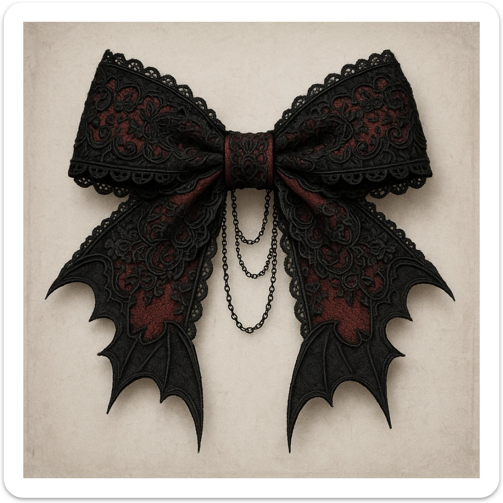 gothic lolita bow, ornate lace, black and crimson, delicate chains, Victorian influence, bat-shaped ends sticker